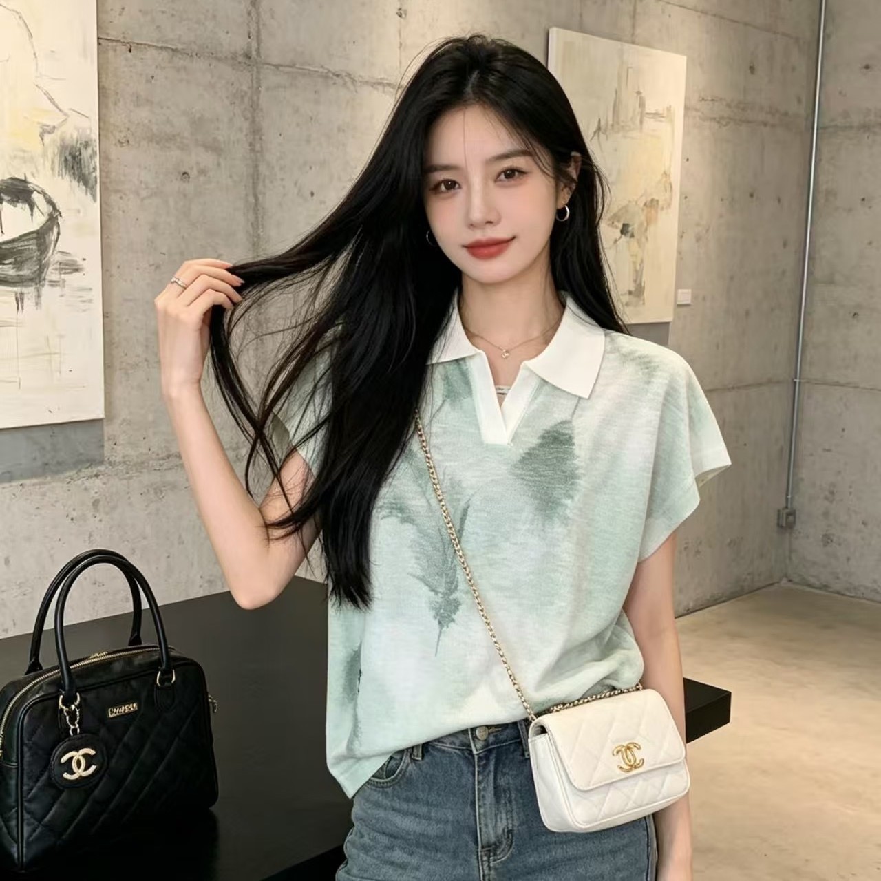 디올 니트 여성 폴로 반팔티