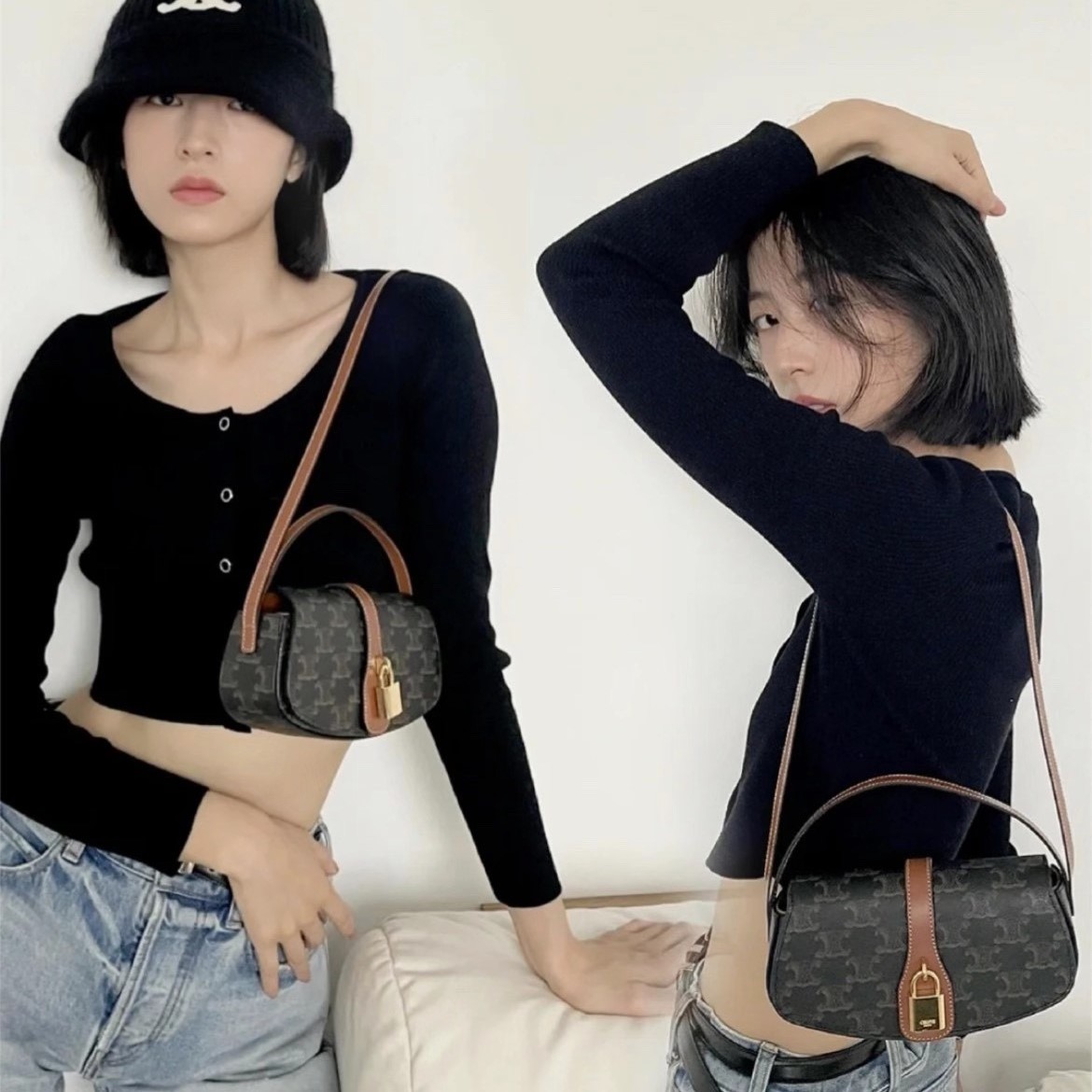 셀린느 카프스킨 탄 타부 스트랩 클러치 숄더백